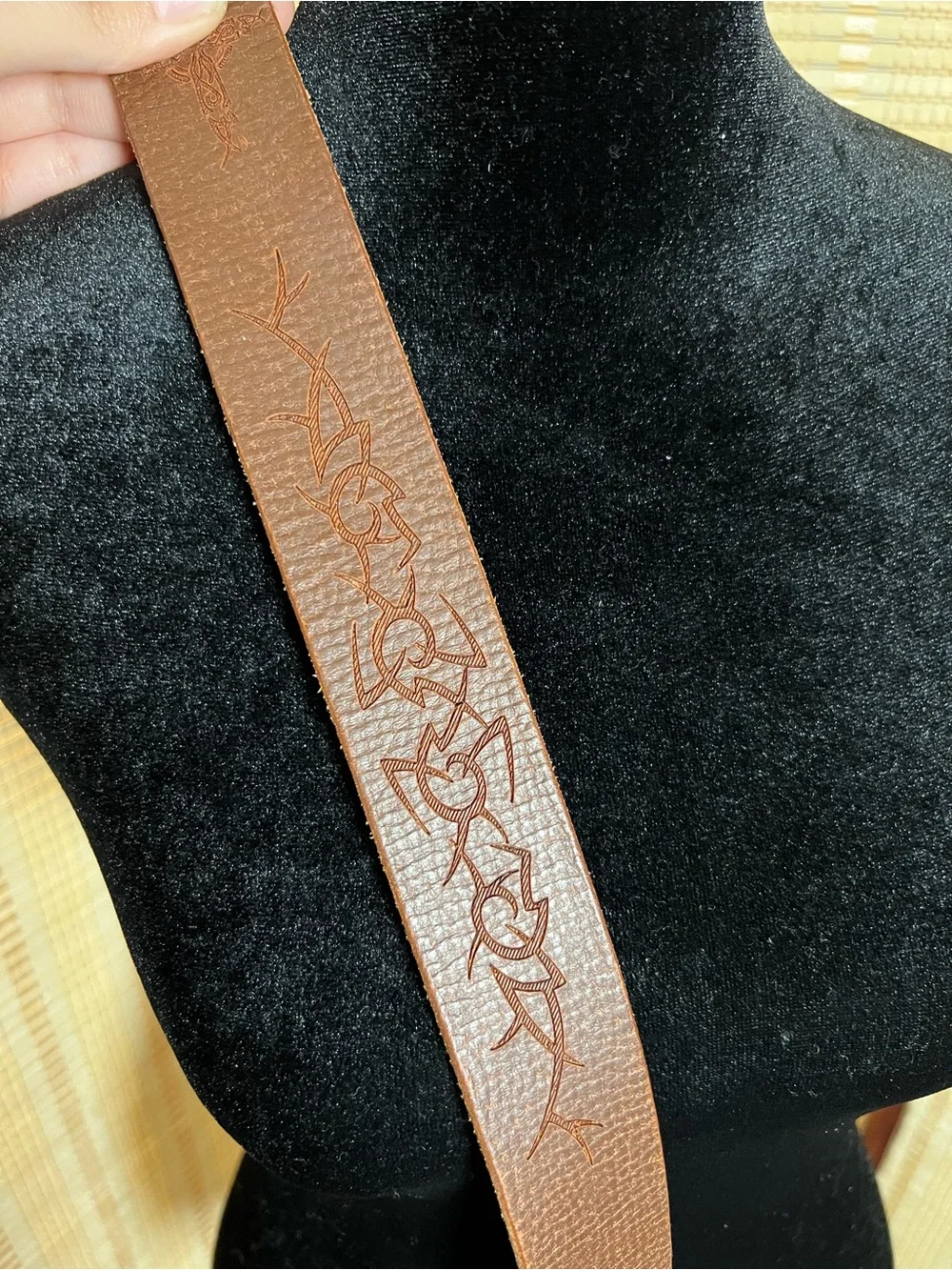Vintage Leather Tribal Cross Laser Etched Belt Size 36 Made in USA Brown Y2K